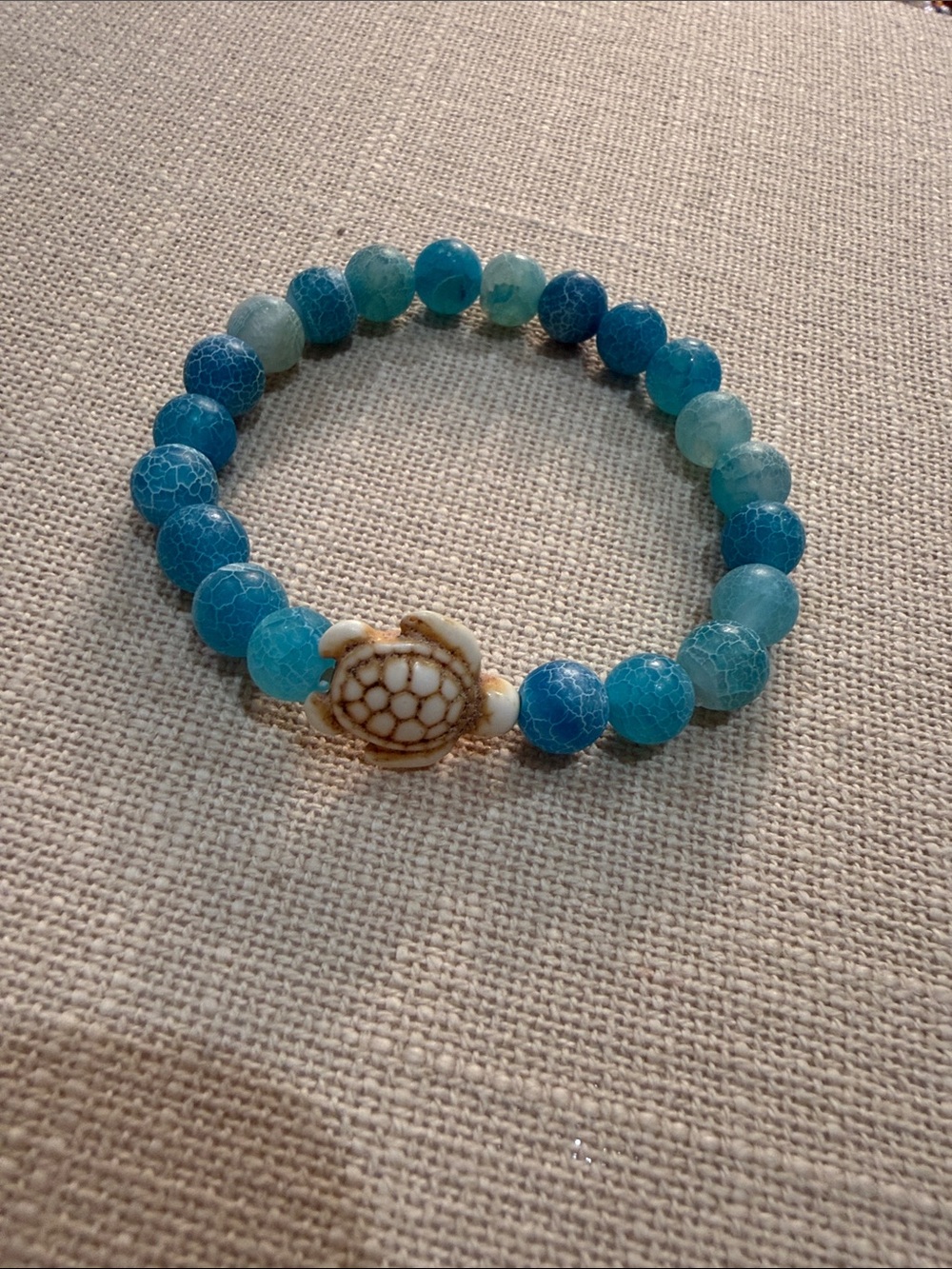 Turquoise Blue Beaded Bracelet with Turtle Charm